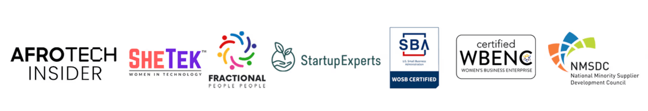 Partner and certification logos including Afrotech Insider, SheTek, Fractional People People, StartupExperts, SBA WOSB Certified, WBENC, SHRM, and NMSDC